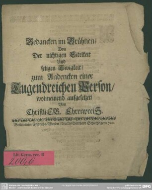 Gedancken im Grühnen von der nichtigen Eitelkeit und seligen Ewigkeit