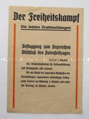 Nachrichtenblatt der Tageszeitung der NSDAP Sachsen "Der Freiheitskampf" zum Abschluß des "Polenfeldzuges"