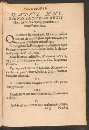 Caput XXI. [i.e. XXXI.] Sermo Samuelis Regis Haec sunt Praecepta, quae docuit eum Mater eius.