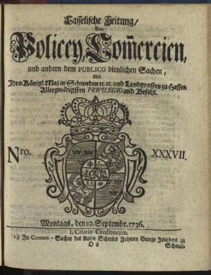 Nro. XXXVII, Montags, den 10. Septembr 1736