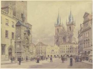 Blick auf die Teynkirche und die Mariensäule am Altstädter Ring zu Prag