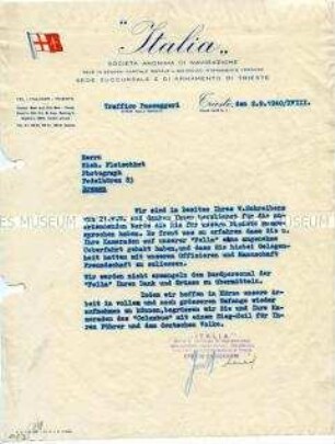 Maschinenschriftliche Antwort auf das Dankschreiben bezüglich der Überfahrt auf der MS "Fella" vom Kriegsgefangenenlager in Angel Island (San Francisco) nach Gibraltar - Nachlass