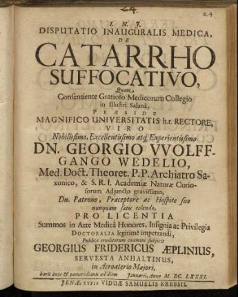 Disputatio Inauguralis Medica, De Catarrho Suffocativo