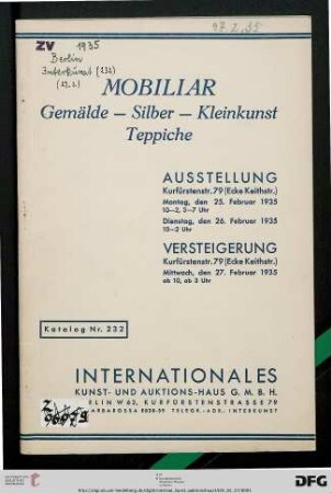 Mobiliar, Gemälde, Silber, Kleinkunst, Teppiche : 27. Februar 1935 (Katalog Nr. 232)