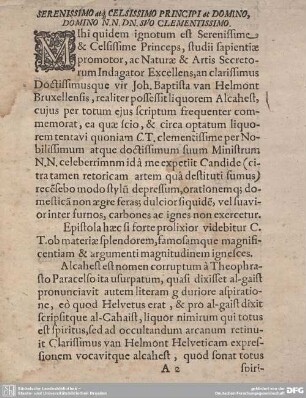 Epistola De famoso liquore Alcahest Ad Serenißimum Ducem & c.