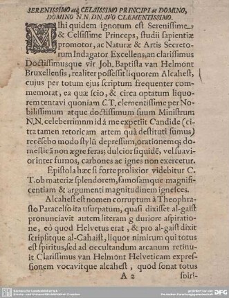 Epistola De famoso liquore Alcahest Ad Serenißimum Ducem & c.