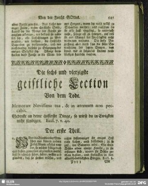 Die sechs und vierzigste geistliche Lection Von dem Tode