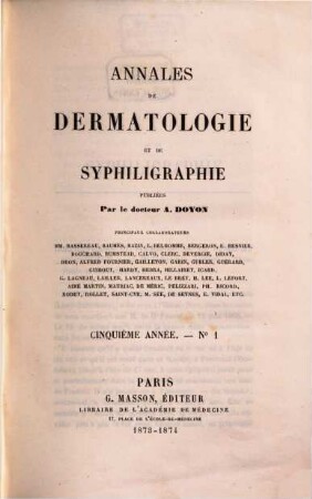 Annales de dermatologie et de syphiligraphie. 5. 1873/74