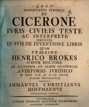 Dissertatio Ivridica De Cicerone Ivris Civilis Teste Ac Interprete Speciatim In Svis De Inventione Libris