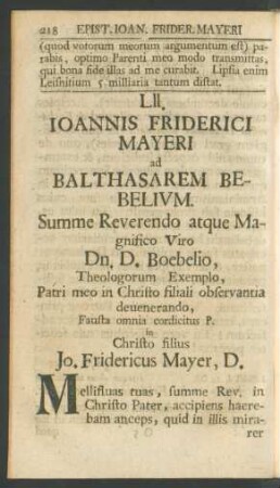 LII. Ioannis Friderici Mayeri ad Balthasarem Bebelium