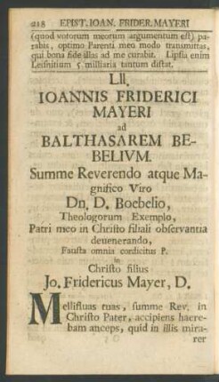 LII. Ioannis Friderici Mayeri ad Balthasarem Bebelium