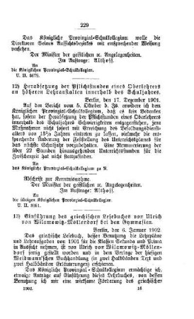Herabsetzung der Pflichtstunden eines Oberlehrers an höheren Lehranstalten innerhalb des Schuljahres : [D. Höhere Lehranstalten]
