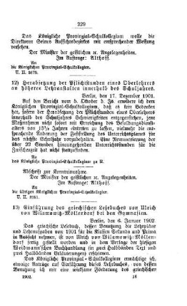 Herabsetzung der Pflichtstunden eines Oberlehrers an höheren Lehranstalten innerhalb des Schuljahres : [D. Höhere Lehranstalten]