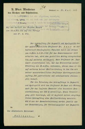 Verlängerung des Lehrauftrages für Dogmatik und Apologetik