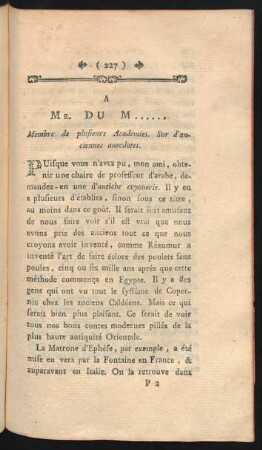 A Mr. Du M. ... Membre de plusieurs Académies. Sur d'anciennes anecdotes