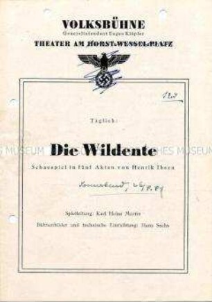 Programm der Volksbühne des Schauspiels "Die Wildente" von Henrik Ibsen