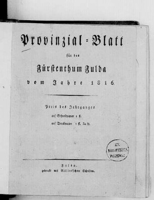 1816: Provinzial-Blatt für das Großherzogthum Fulda