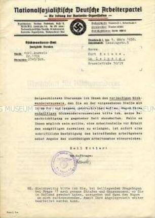 Begleitschreiben zur Übersendung von Papieren zur "Rückwanderung"