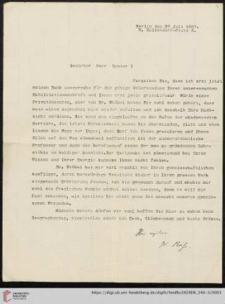 Nachlass Alfred Hettner, Eingegangene Briefe, Korrespondenz Wilhelm Reiss/Alfred Hettner: Brief von Wilhelm Reiss an Alfred Hettner