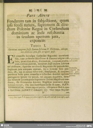 Pars Altera Fundatum tam in subiectione, quam ipsa feudi natura, supremum & directum Poloniae Regni in Curlandiam dominium ac inde resultantia in feudum apertum iura, exponens