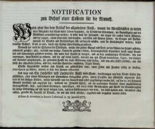 Notification zum Behuef einer Collecte für die Armuth : Actum & decretum in Senatu Lubecensi d. 29. Januarii 1772.