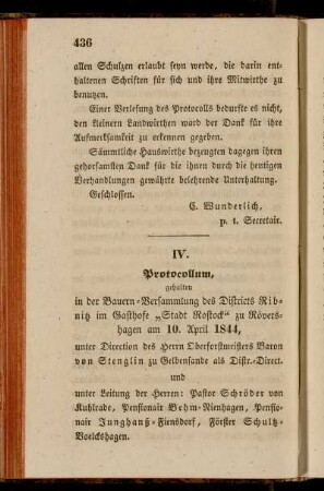 IV. Protocollum, gehalten in der Bauern-Versammlung des Districts Ribnitz im Gasthofe "Stadt Rostock" zu Rövershagen am 10. April 1844, unter Direction des Herrn ... von Stenglin ...