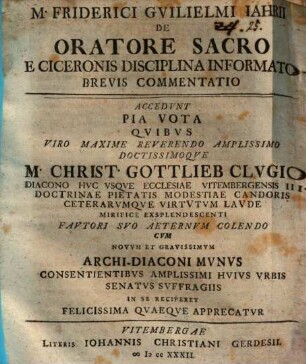 De oratore sacro e Ciceronis disciplina informato brevis commentatio