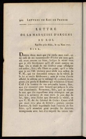 422-440, Lettre de la Marquis D'Argens au Roi.-Epitre au Marquis D'Argens.
