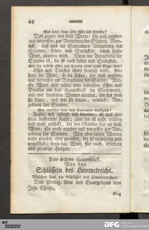 Das sechste Hauptstück. Von den Schlüsseln des Himmelreichs.