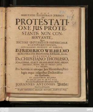 Disputatio Inauguralis Iuridica De Protestatione Ius Protestantis Non Conservante