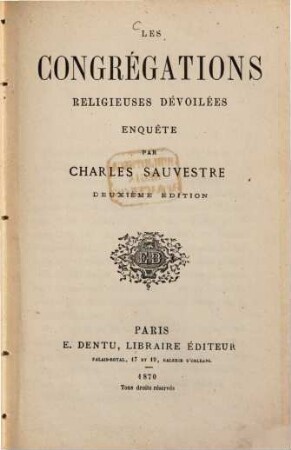 Les congrégations religieuses dévoilées enquête par Charles Sauvestre