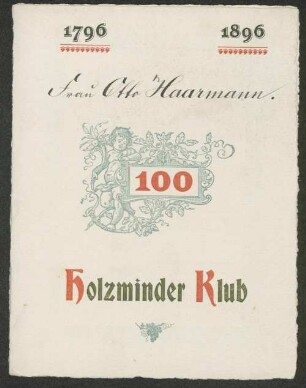 100 [Jahre] Holzminder Klub : 1796 - 1896 ; [Wein-Karte]