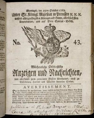 No. 43. Montags, den 25ten October 1762.