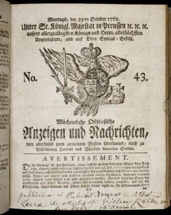 No. 43. Montags, den 25ten October 1762.