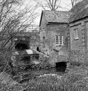 Denkmal: Glinder Mühle: vorn Glinder Au: im Vordergrund Sträucher und Bäume