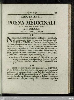 Disputatio III. De Poena Medicinali, Habs. Lips. Ad D. XXIV. Aug. A. MDCLXXII. Disp. I. Pro Loco
