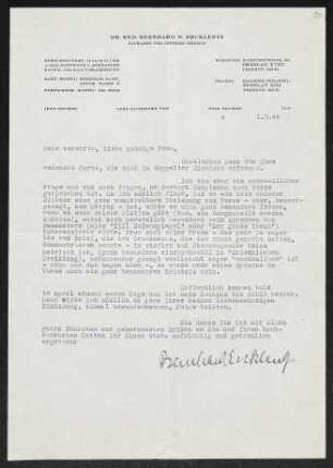 Brief von Bernhard Ercklentz an Margarete Hauptmann