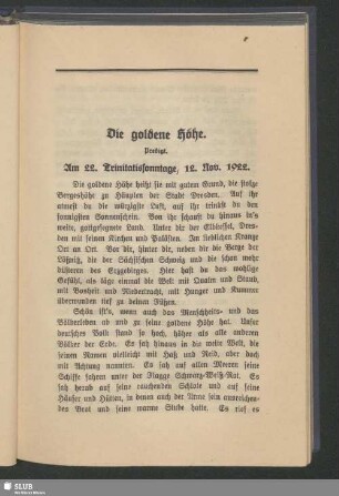 Die goldene Höhe : Predigt. Am 22. Trinitatissonntage, 12. Nov. 1922