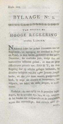 Bylaage No. 2. Van wegens de hooge regeering dezer landen