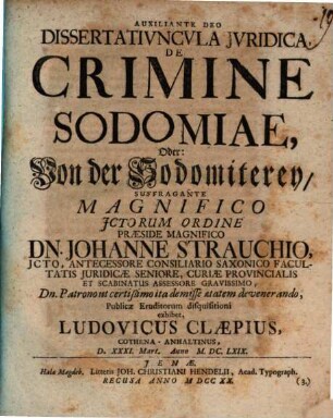 Dissertativncvla Jvridica, De Crimine Sodomiae, Oder: Von der Sodomiterey