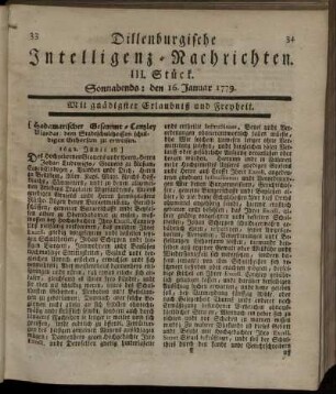 III. Stück. Sonnabends: den 16. Januar 1779.