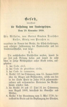 Gesetz, betreffend die Aufhebung von Landesgesetzen. Vom 29. November 1899