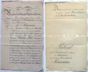 Patent für den Leutnant der Reserve Hans Nessenius; Donaueschingen, 19. Nov. 1909