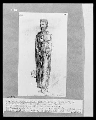 Les monuments de la monarchie française. Sammelband der Zeichnungen und Probedrucke Montfaucons — Saint-Denis, Abteikirche, Gewändefigur des nördlichen Westportals, Seitenverkehrte Zeichnung für den Stecher (für Bd. I, Taf. XVI), Folio fol. 38