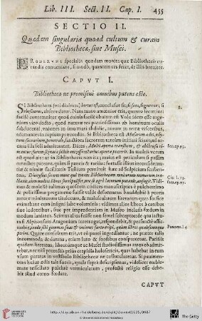 Sectio II: Quaedam singularia quoad cultum & curam Bibliothecae, siue Musei