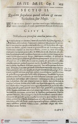 Sectio II: Quaedam singularia quoad cultum & curam Bibliothecae, siue Musei