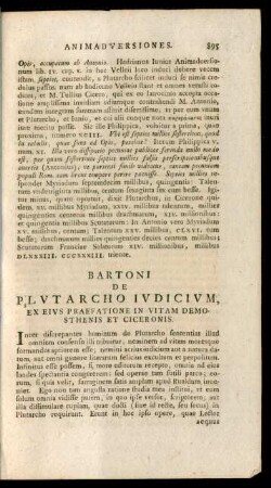 Bartoni De Plutarcho Iudicium, Ex Eius Praefatione In Vitam Demosthenis Et Ciceronis