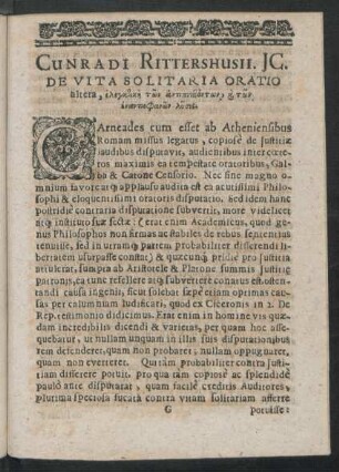 Cunradi Rittershusii. IC. De Vita Solitaria Oratio altera, [...].