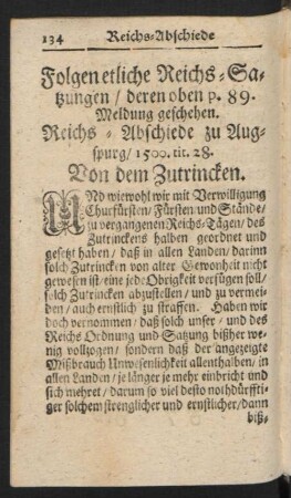 Folgen etliche Reichs-Satzungen / deren oben p. 89. Meldung geschehen