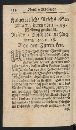 Folgen etliche Reichs-Satzungen / deren oben p. 89. Meldung geschehen